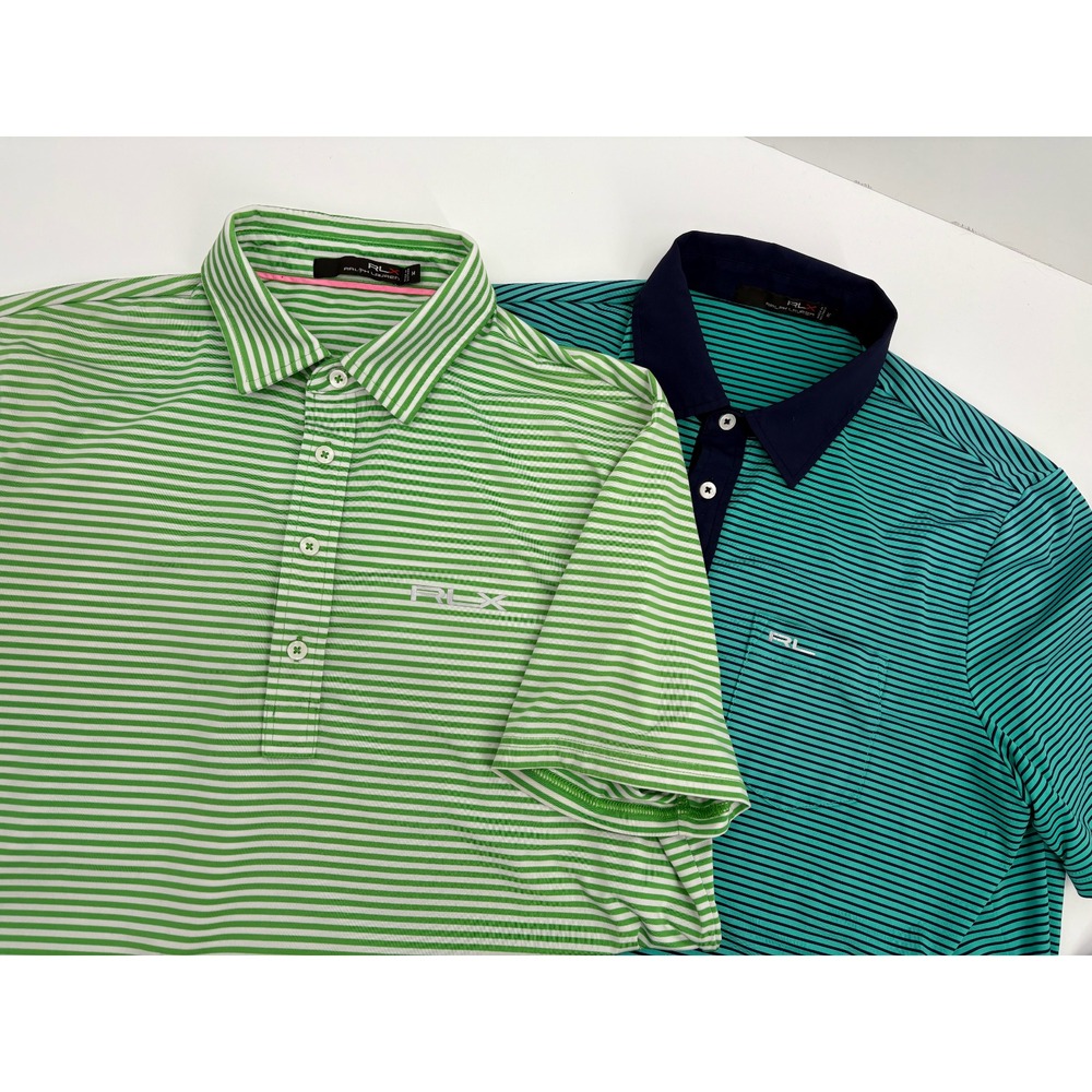LOT (2) - RLX Ralph Lauren Men's Striped Short Sleeve Golf Polo Shirts, Medium - Picture 3 of 9